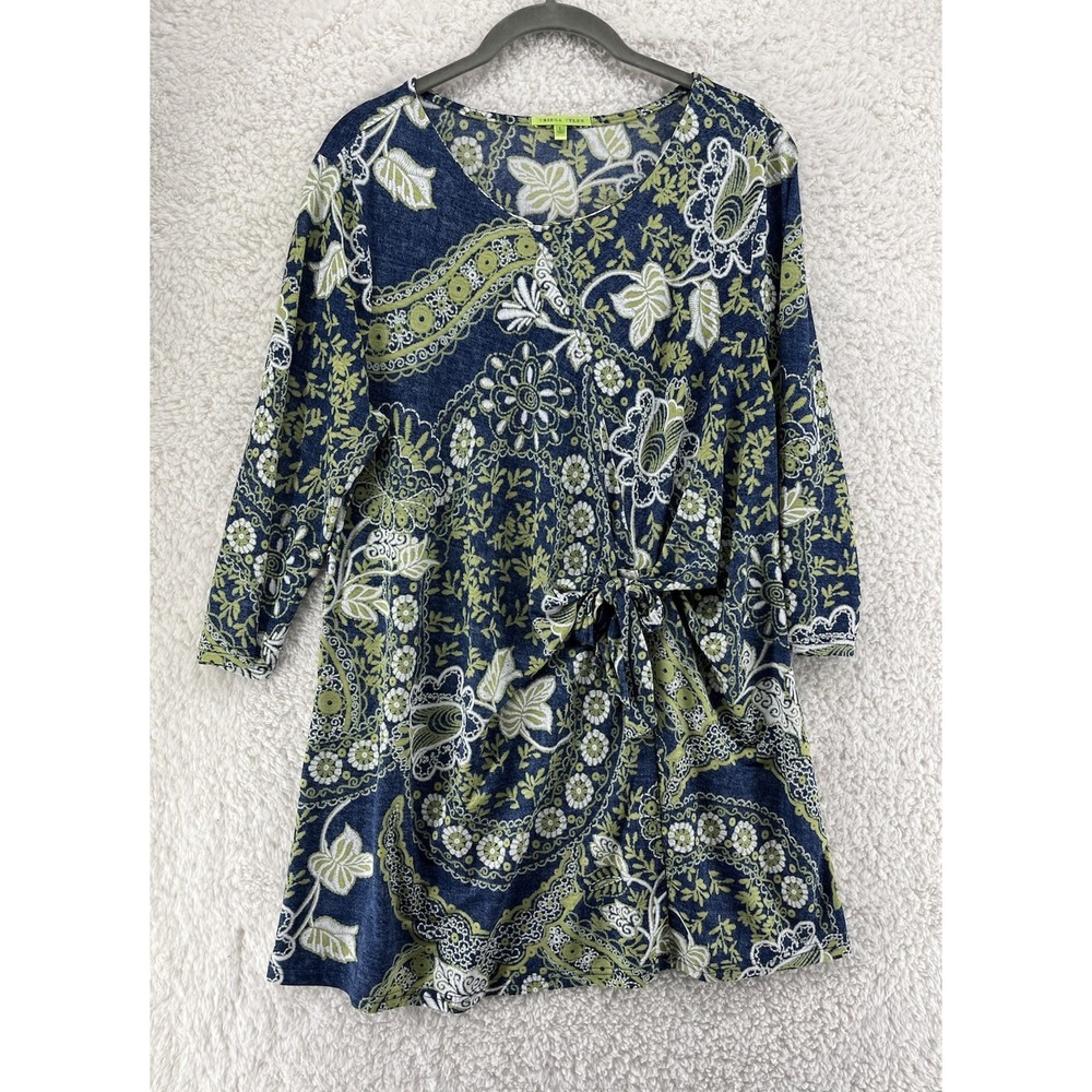 Trisha Tyler Women's Floral Poppy Print Top Blue‎ Tunic Size L Lagenlook No Iron